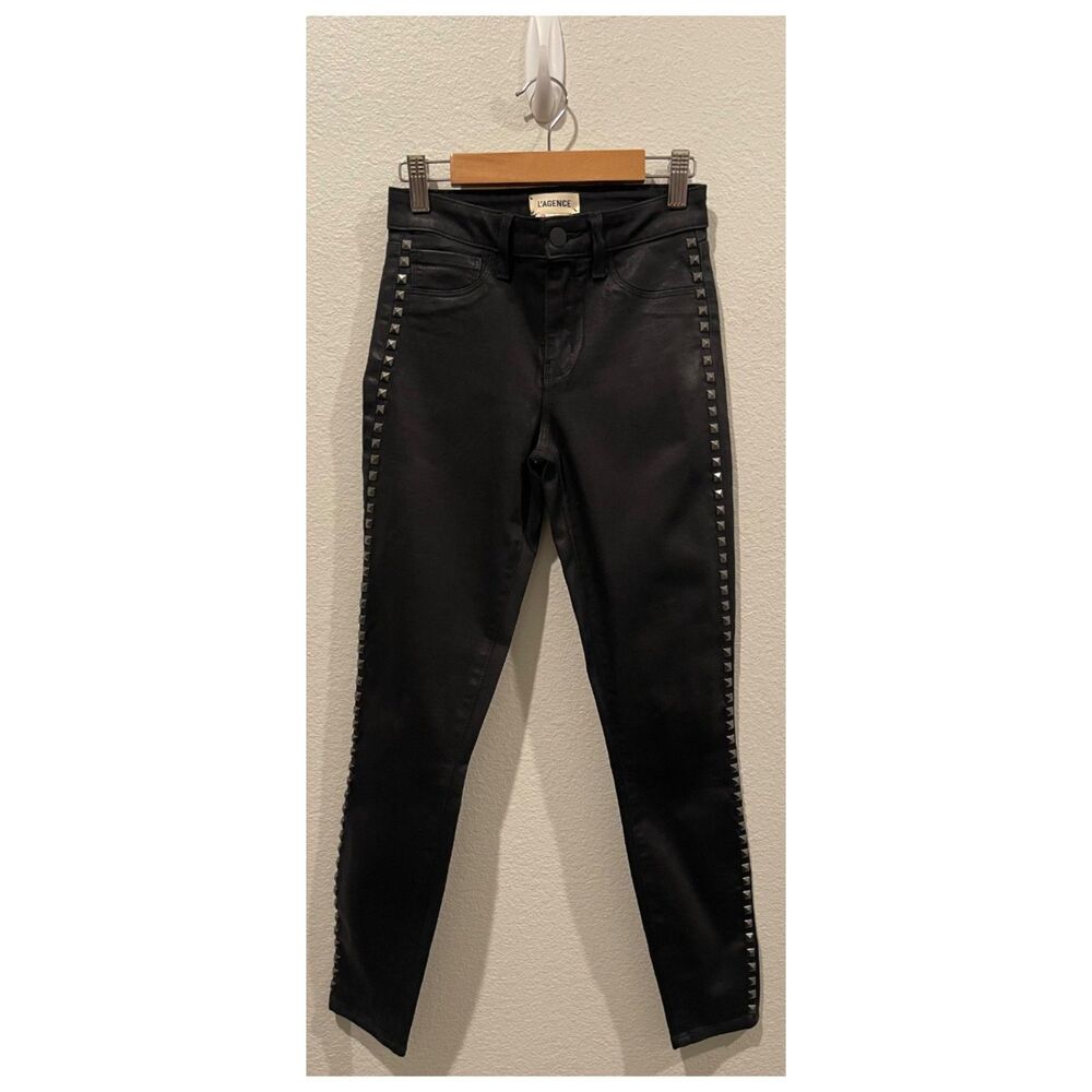 L'AGENCE Margot Side-Studded High-Rise Coated Skinny Black Jeans